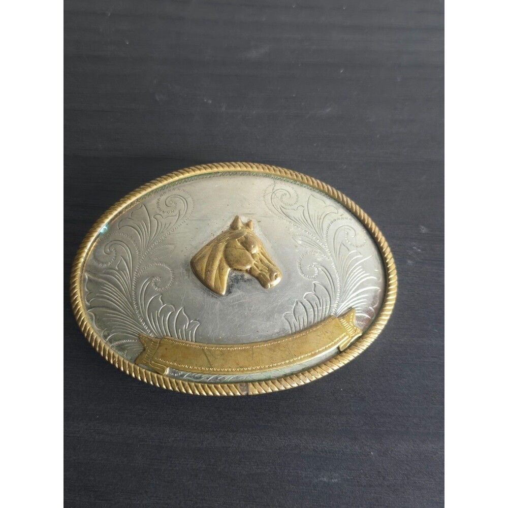 Vtg Nickel and German Silver Belt Buckle  Horse Head gold southwestern 3.75x2.75